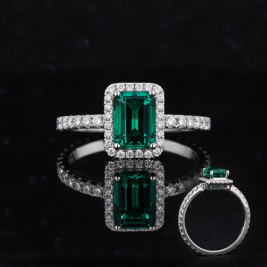 The Aurelia Halo — Diamond Halo/Band Emerald Ring