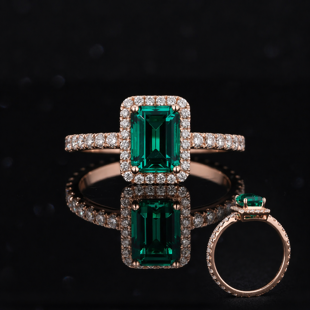 The Aurelia Halo — Diamond Halo/Band Emerald Ring