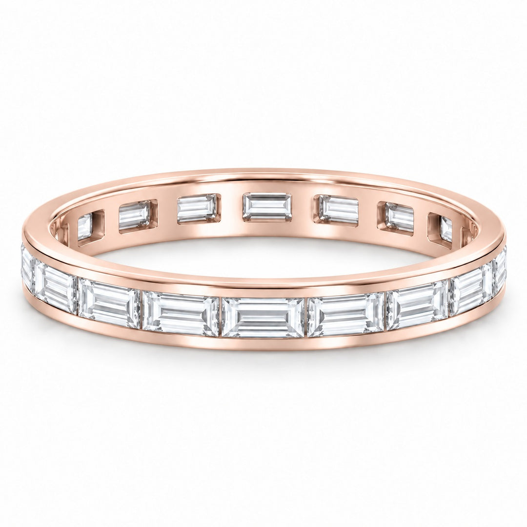 Baguette lab-grown diamond eternity band, 3x1.5mm, 14K rose gold, angled view