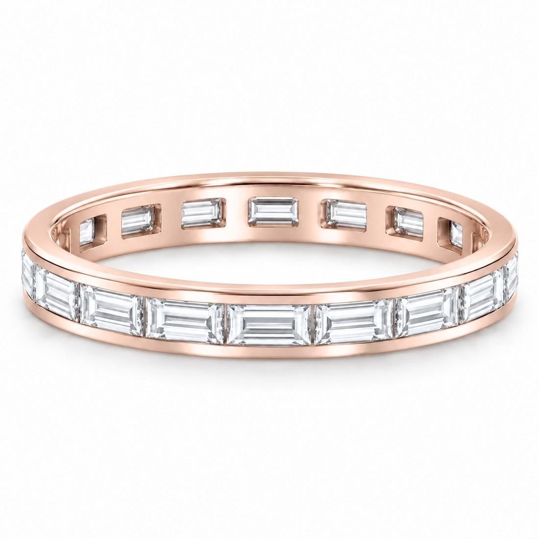 Baguette lab-grown diamond eternity band, 3x1.5mm, 14K rose gold, angled view