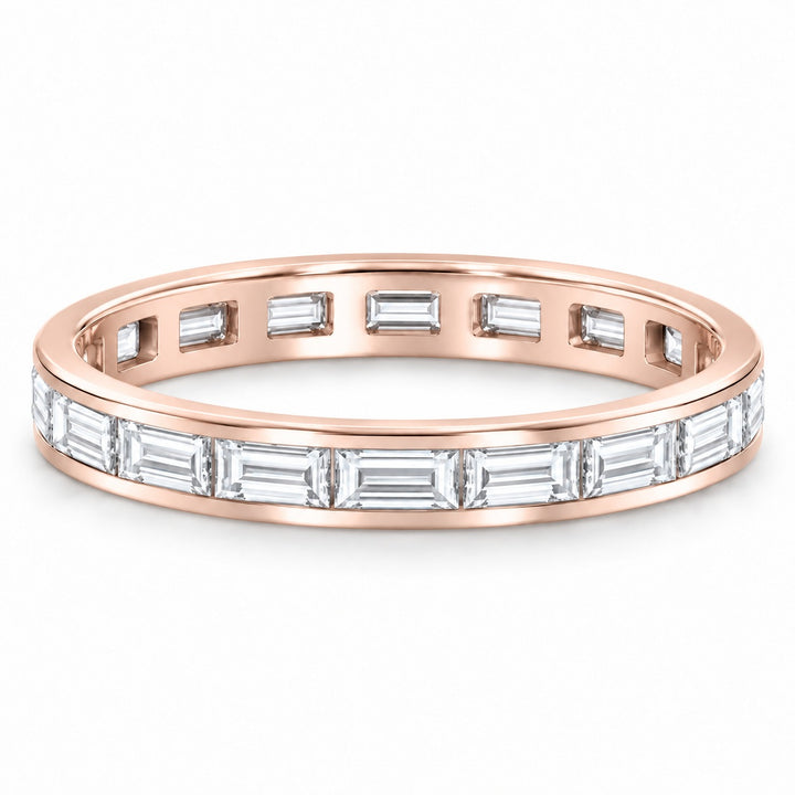 Baguette lab-grown diamond eternity band, 3x1.5mm, 14K rose gold, angled view