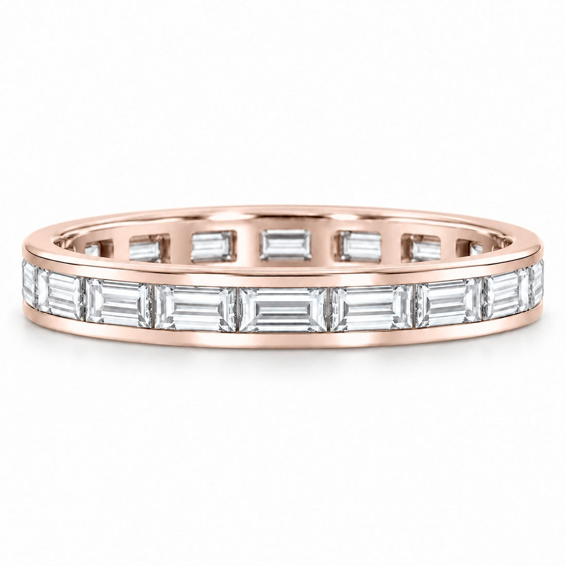 Baguette lab-grown diamond eternity band, 3x1.5mm, 14K rose gold, front view