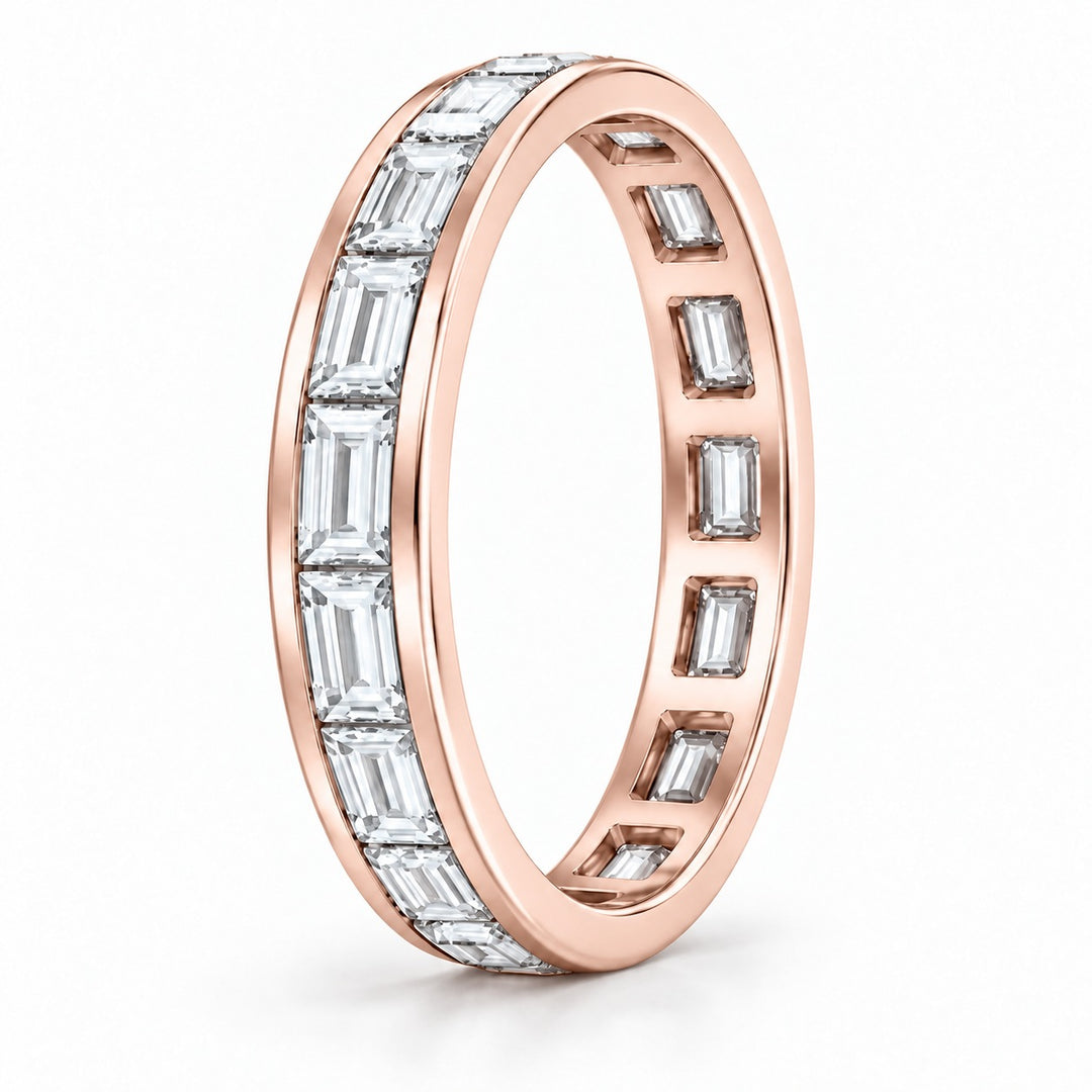 Baguette lab-grown diamond eternity band, 3x1.5mm, 14K rose gold, side profile