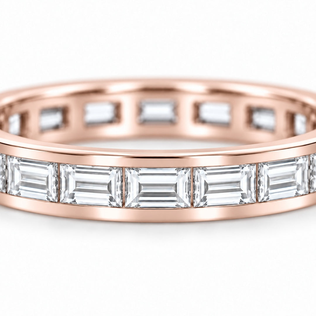 Baguette lab-grown diamond eternity band, 3x1.5mm, 14K rose gold, close-up of the stones