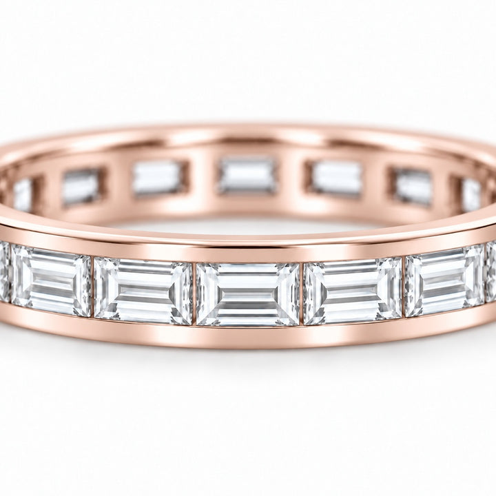 Baguette lab-grown diamond eternity band, 3x1.5mm, 14K rose gold, close-up of the stones