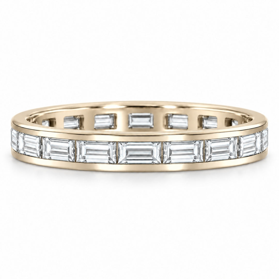 Baguette lab-grown diamond eternity band, 3x1.5mm, 14K yellow gold, front view