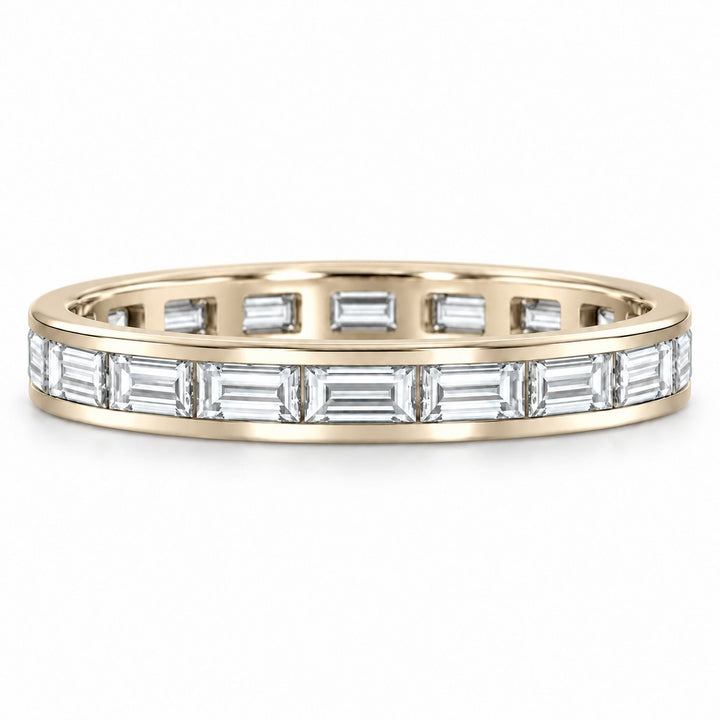 Baguette lab-grown diamond eternity band, 3x1.5mm, 14K yellow gold, front view