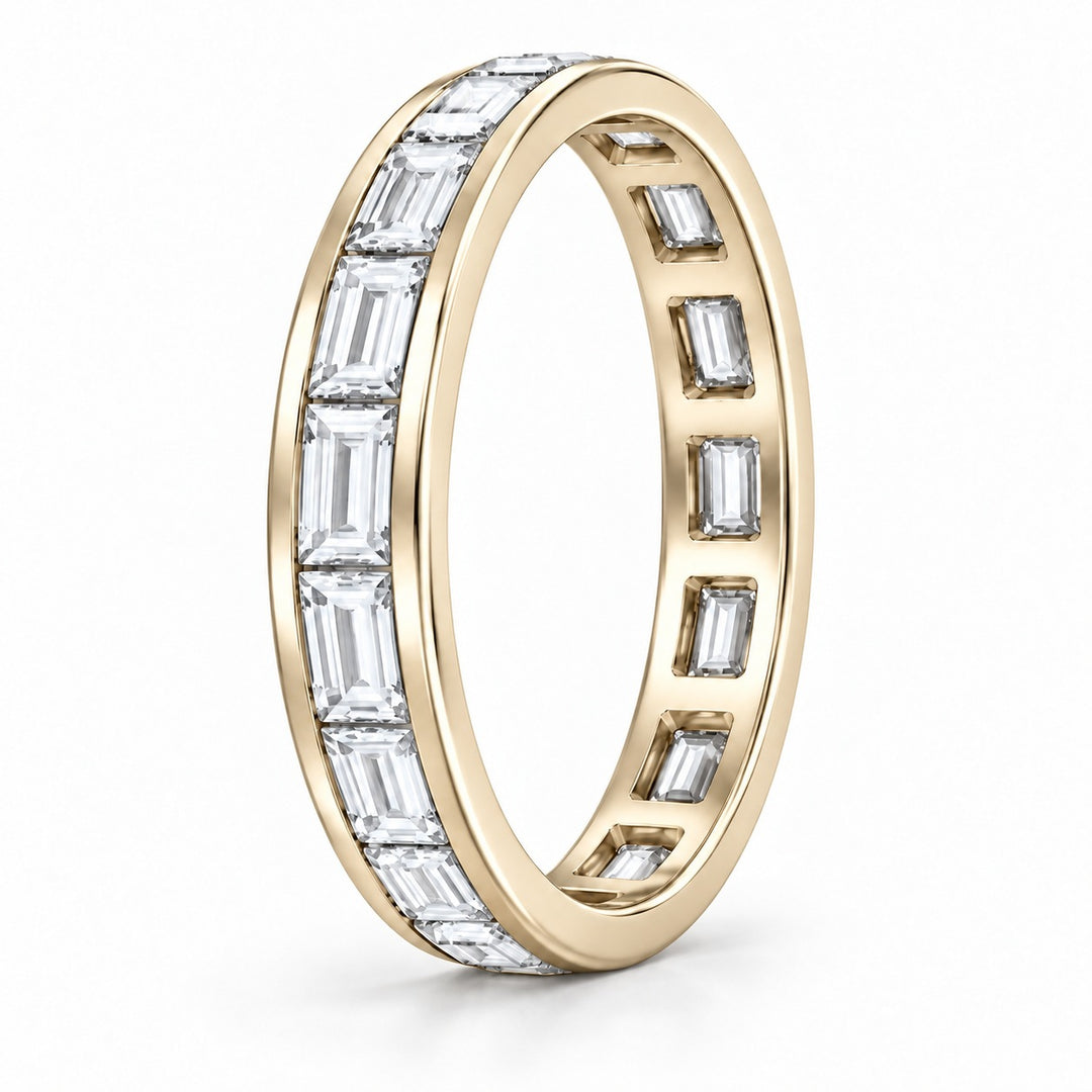 Baguette lab-grown diamond eternity band, 3x1.5mm, 14K yellow gold, side profile