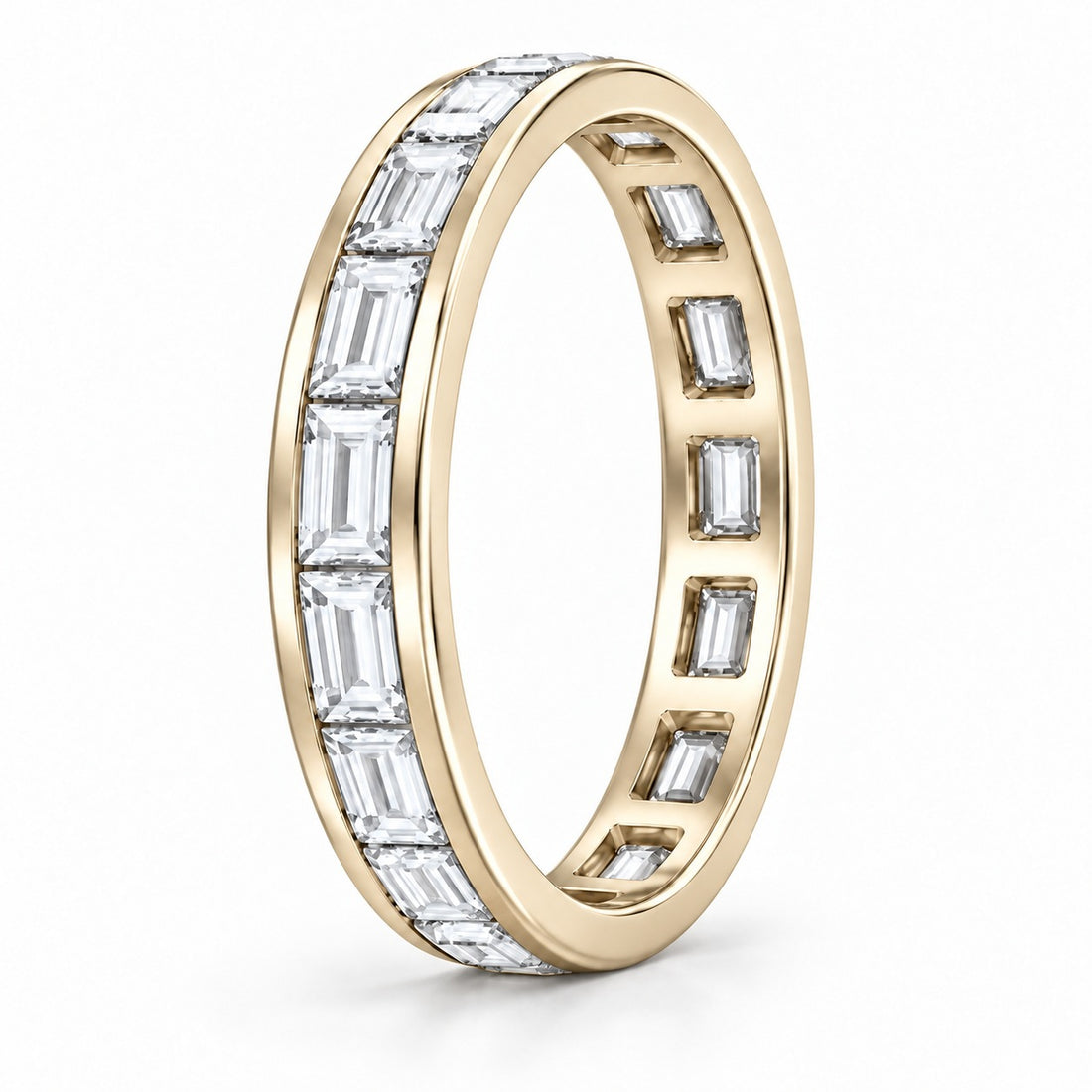Baguette lab-grown diamond eternity band, 3x1.5mm, 14K yellow gold, side profile