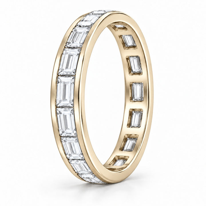 Baguette lab-grown diamond eternity band, 3x1.5mm, 14K yellow gold, side profile