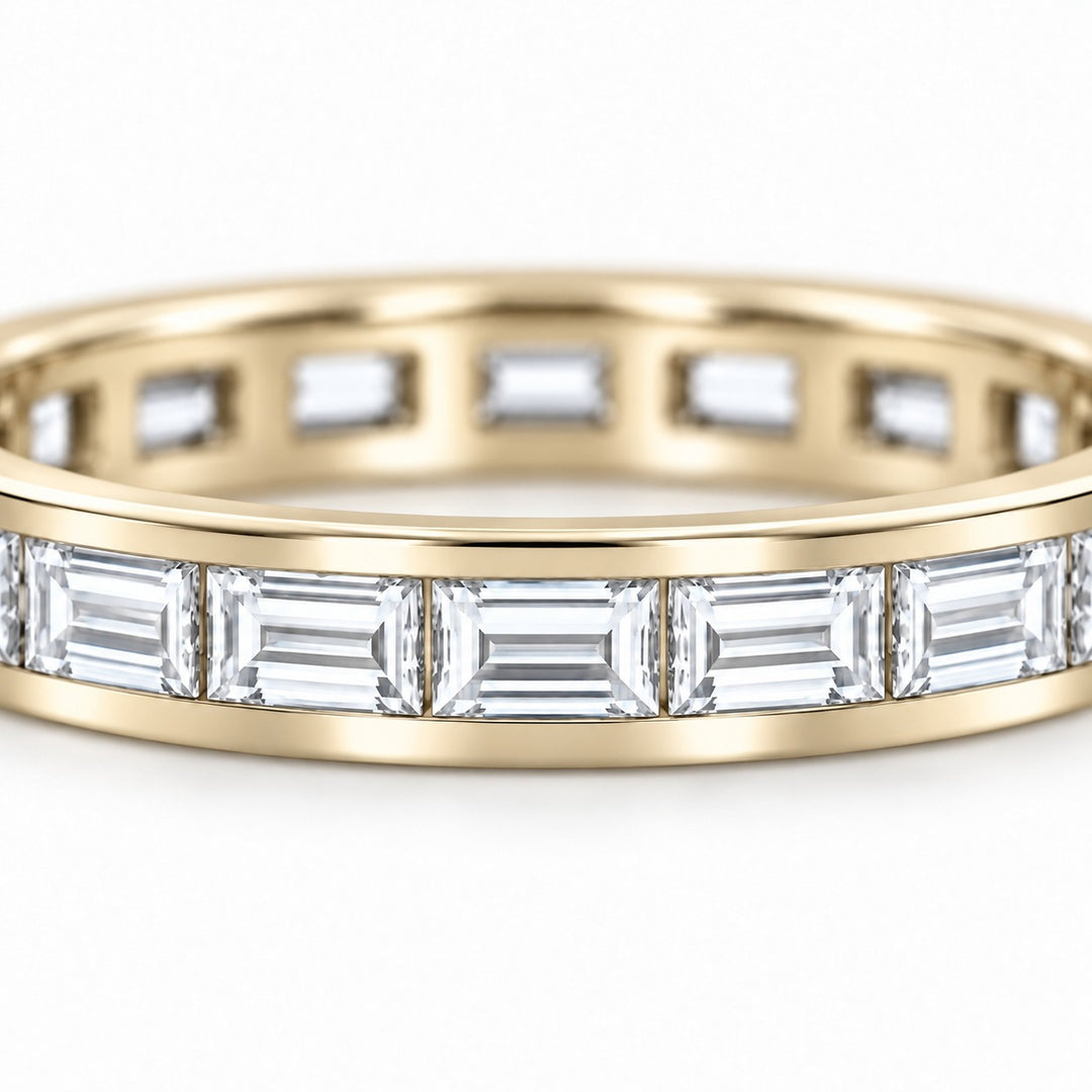 Baguette lab-grown diamond eternity band, 3x1.5mm, 14K yellow gold, close-up of the stones