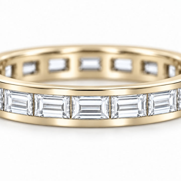 Baguette lab-grown diamond eternity band, 3x1.5mm, 14K yellow gold, close-up of the stones