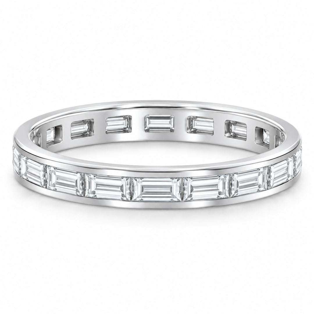 Baguette lab-grown diamond eternity band, 3x1.5mm, 14K white gold, angled view