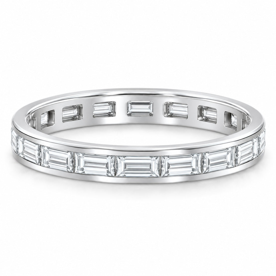 Baguette lab-grown diamond eternity band, 3x1.5mm, 14K white gold, angled view