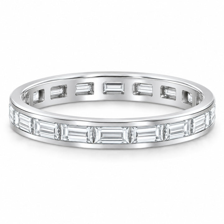 Baguette lab-grown diamond eternity band, 3x1.5mm, 14K white gold, angled view