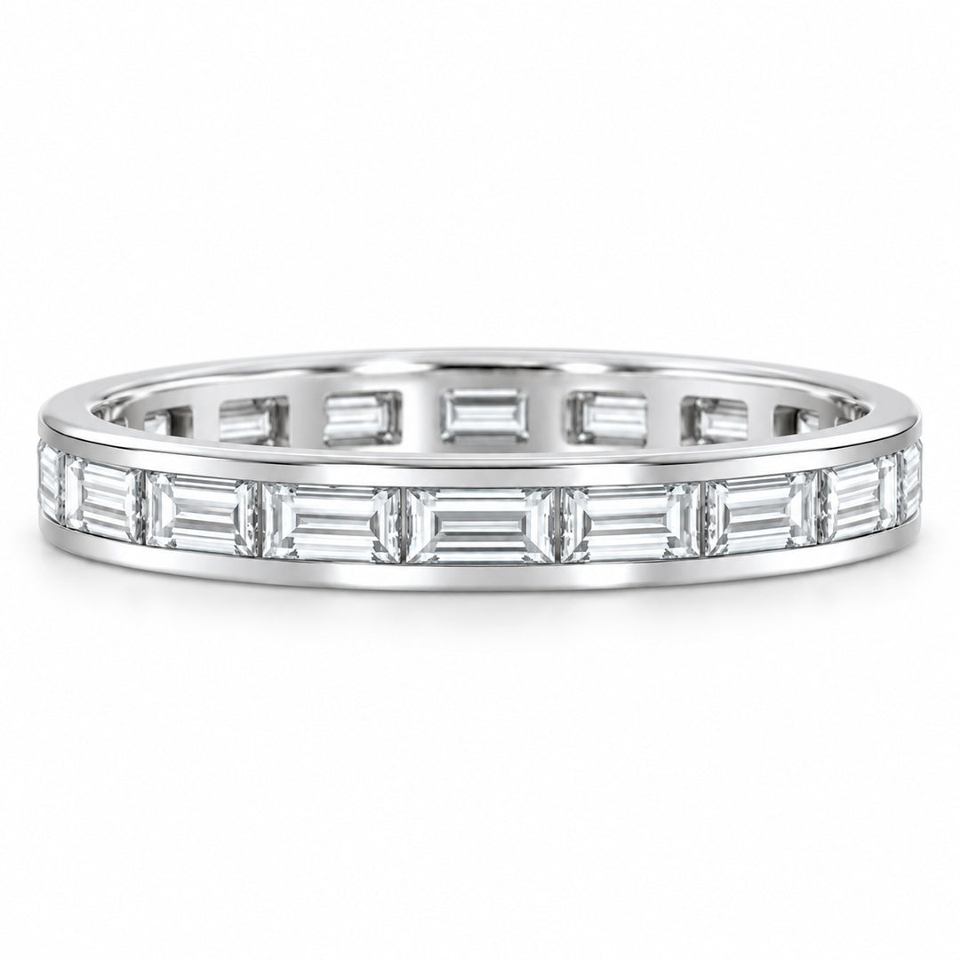 Baguette lab-grown diamond eternity band, 3x1.5mm, 14K white gold, front view