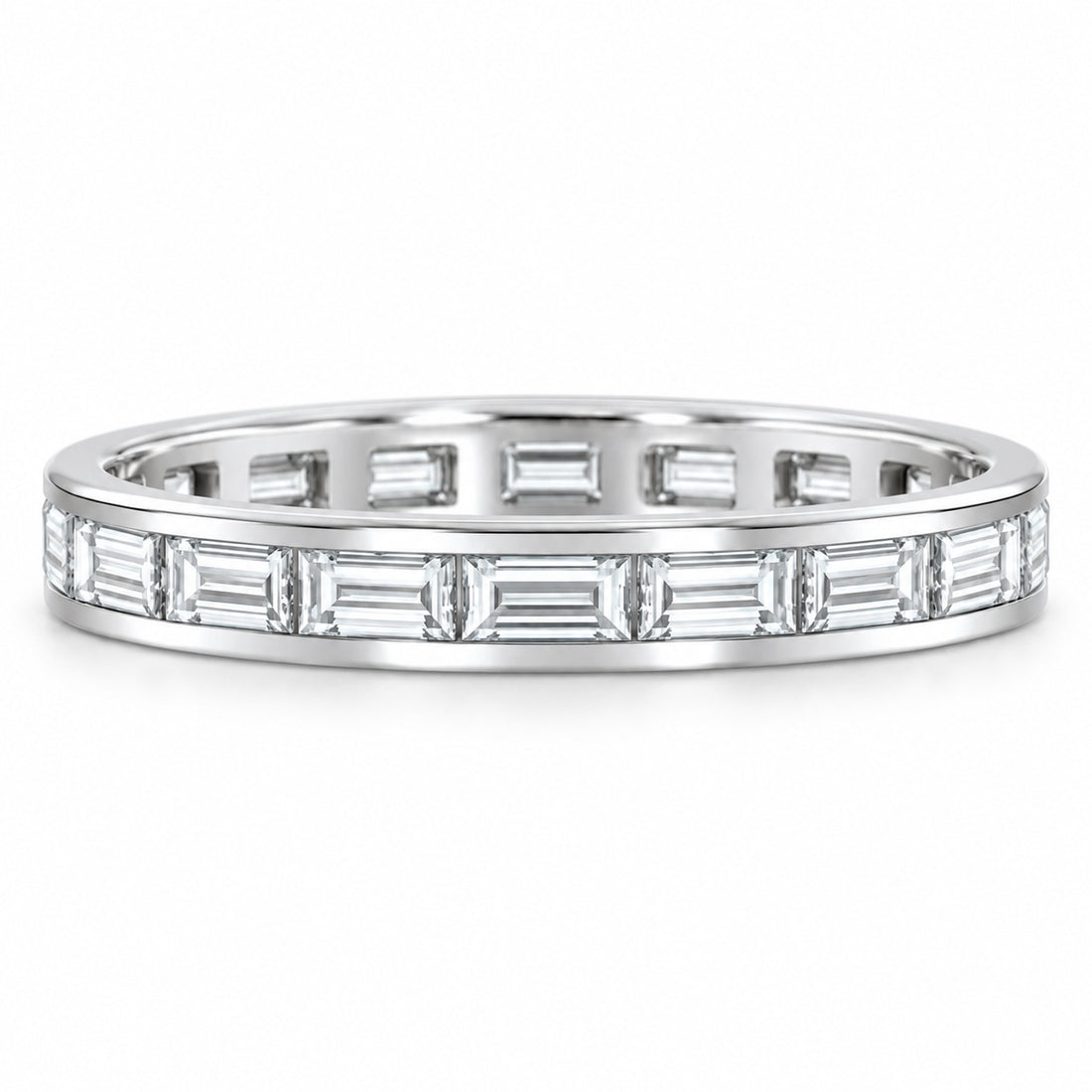 Baguette lab-grown diamond eternity band, 3x1.5mm, 14K white gold, front view