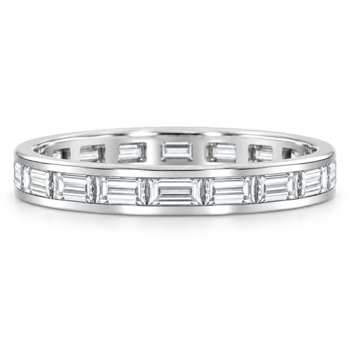 Baguette lab-grown diamond eternity band, 3x1.5mm, 14K white gold, front view