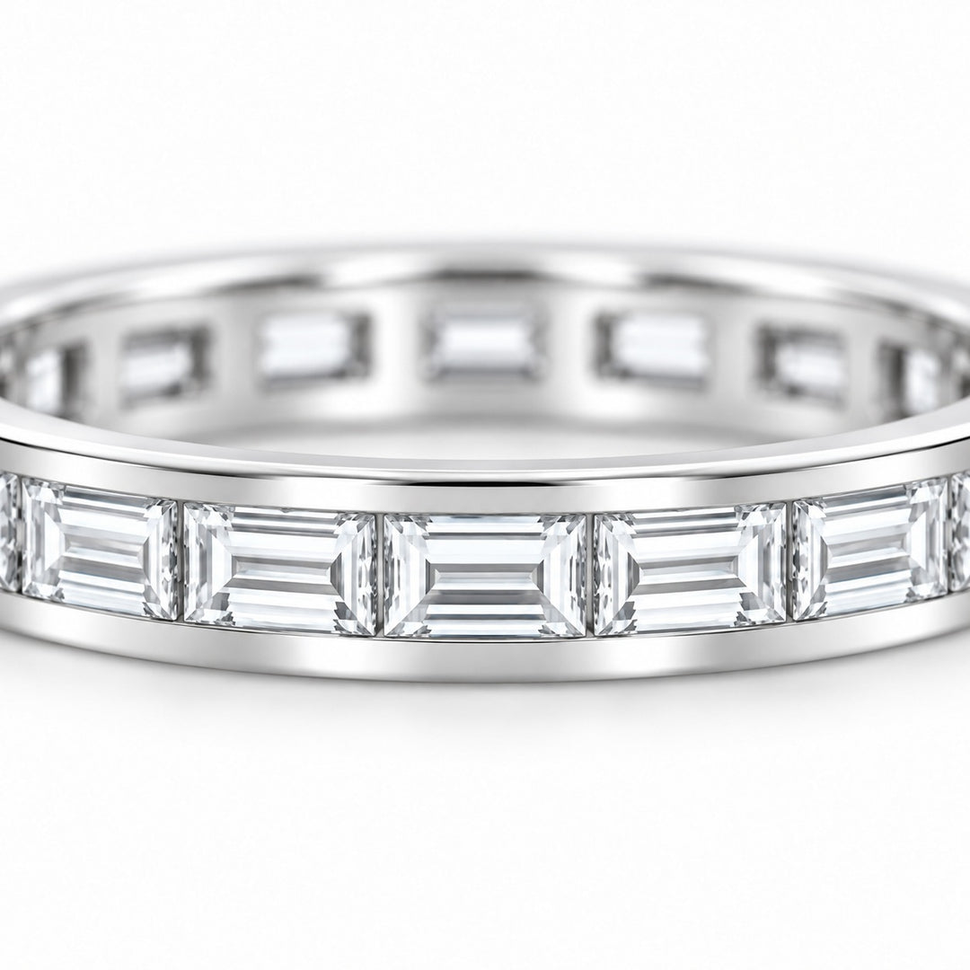 Baguette lab-grown diamond eternity band, 3x1.5mm, 14K white gold, close-up of the stones