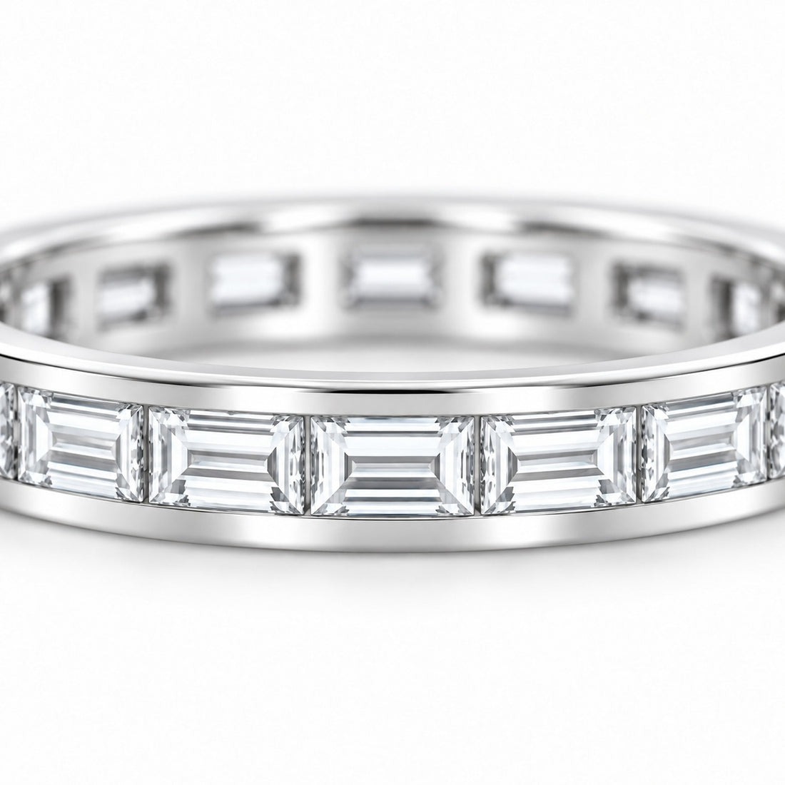 Baguette lab-grown diamond eternity band, 3x1.5mm, 14K white gold, close-up of the stones