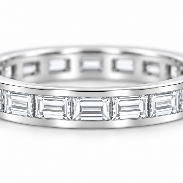 Baguette lab-grown diamond eternity band, 3x1.5mm, 14K white gold, close-up of the stones