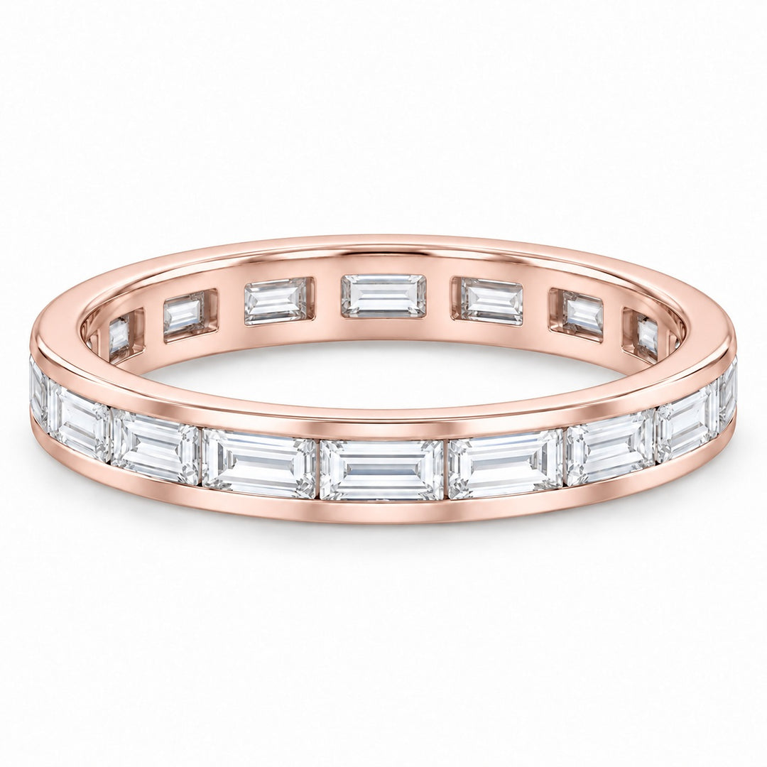 Baguette lab-grown diamond eternity band, 4x2mm, 14K rose gold, angled view