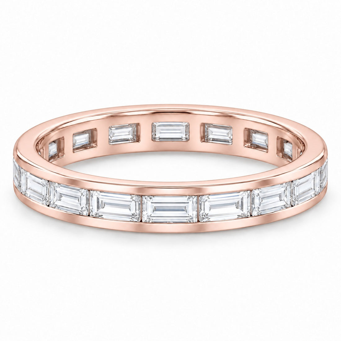 Baguette lab-grown diamond eternity band, 4x2mm, 14K rose gold, angled view