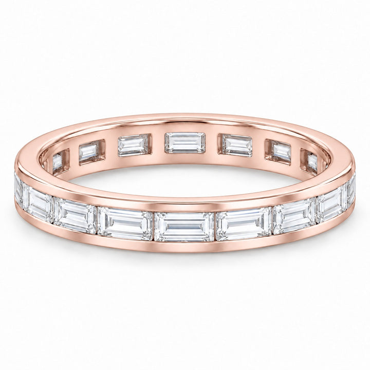 Baguette lab-grown diamond eternity band, 4x2mm, 14K rose gold, angled view