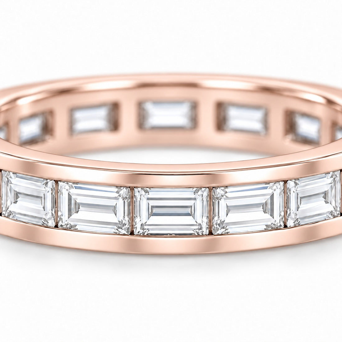Baguette lab-grown diamond eternity band, 4x2mm, 14K rose gold, close-up of the stones