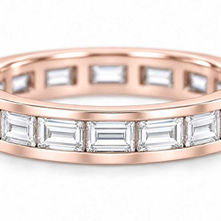 Baguette lab-grown diamond eternity band, 4x2mm, 14K rose gold, close-up of the stones