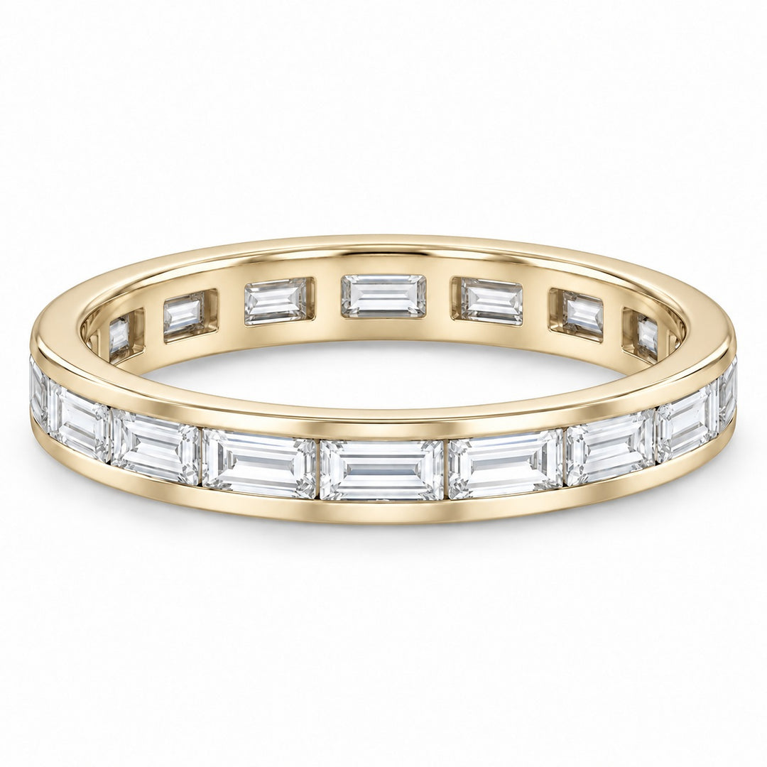 Baguette lab-grown diamond eternity band, 4x2mm, 14K yellow gold, angled view