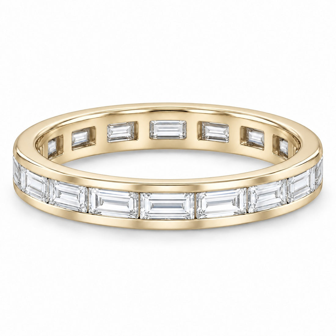 Baguette lab-grown diamond eternity band, 4x2mm, 14K yellow gold, angled view