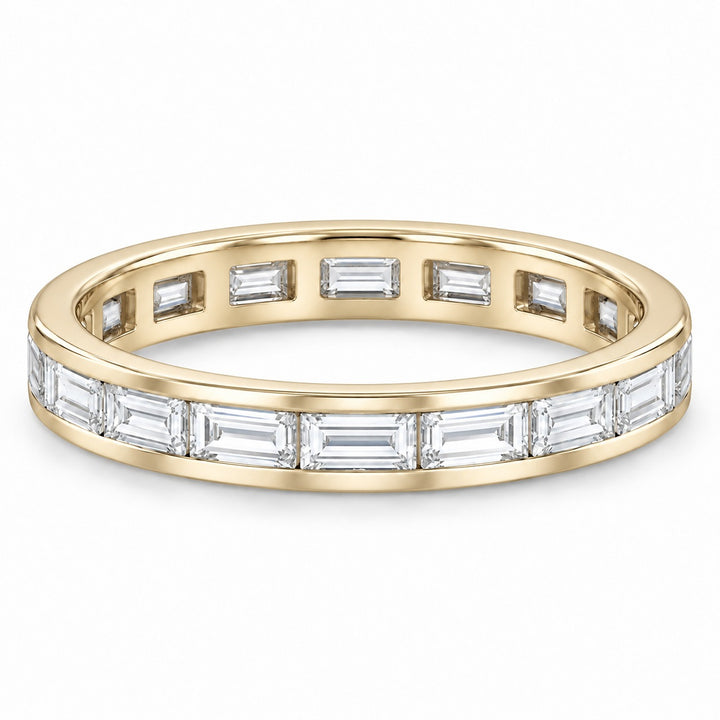 Baguette lab-grown diamond eternity band, 4x2mm, 14K yellow gold, angled view