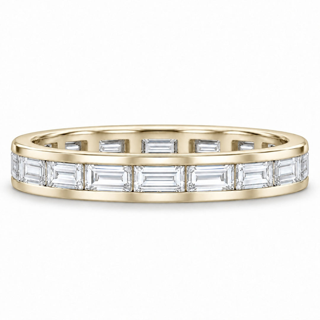 Baguette lab-grown diamond eternity band, 4x2mm, 14K yellow gold, front view