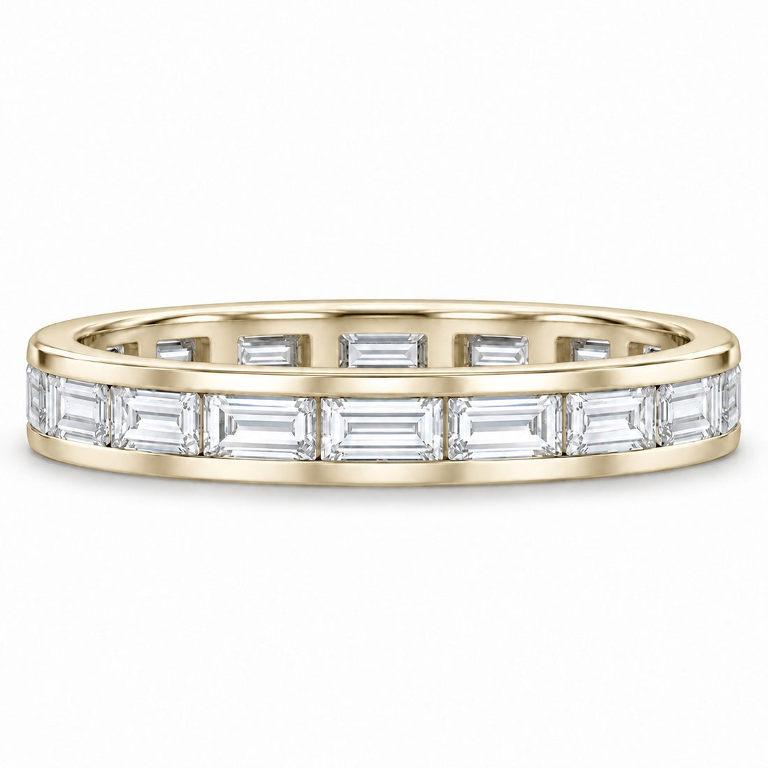 Baguette lab-grown diamond eternity band, 4x2mm, 14K yellow gold, front view