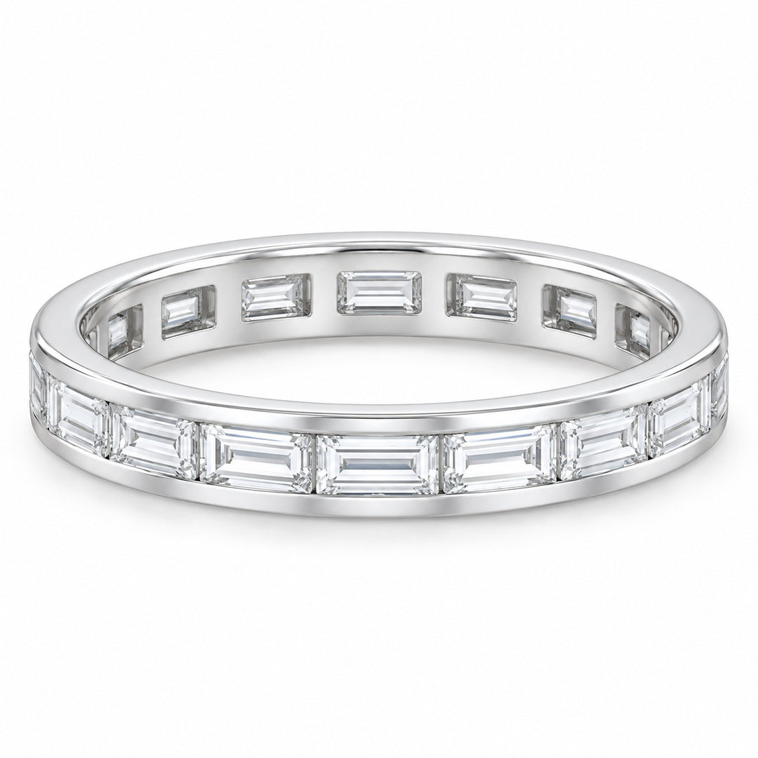Baguette lab-grown diamond eternity band, 4x2mm, 14K white gold, angled view