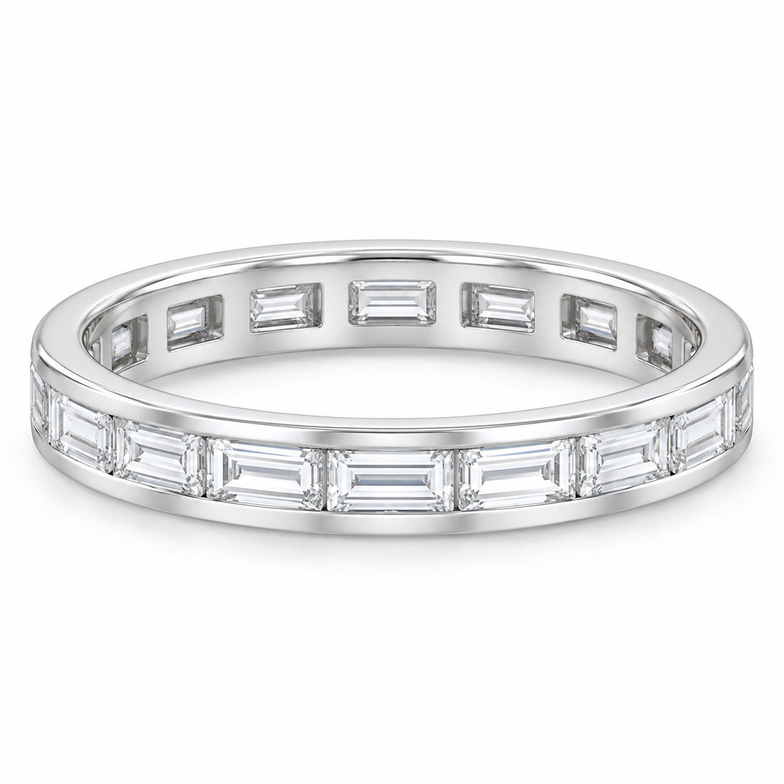 Baguette lab-grown diamond eternity band, 4x2mm, 14K white gold, angled view