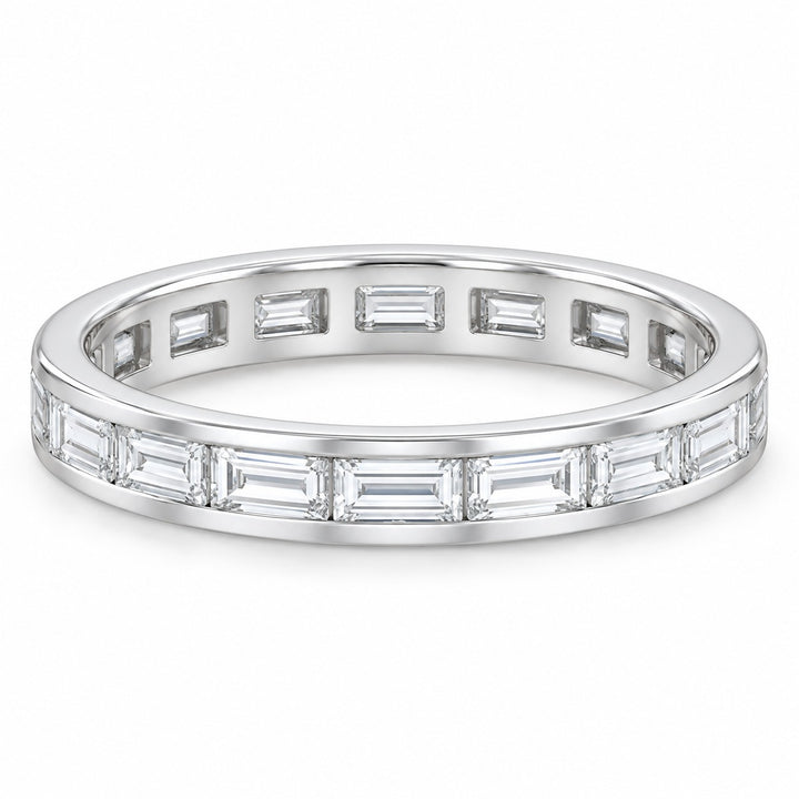 Baguette lab-grown diamond eternity band, 4x2mm, 14K white gold, angled view