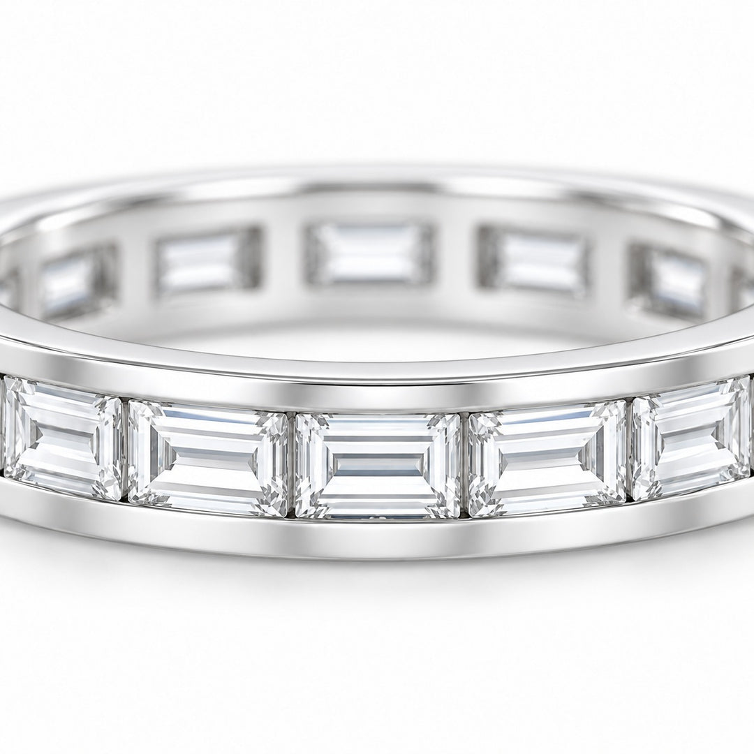 Baguette lab-grown diamond eternity band, 4x2mm, 14K white gold, close-up of the stones
