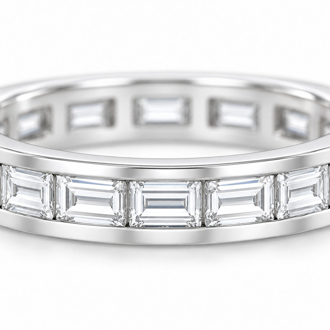 Baguette lab-grown diamond eternity band, 4x2mm, 14K white gold, close-up of the stones