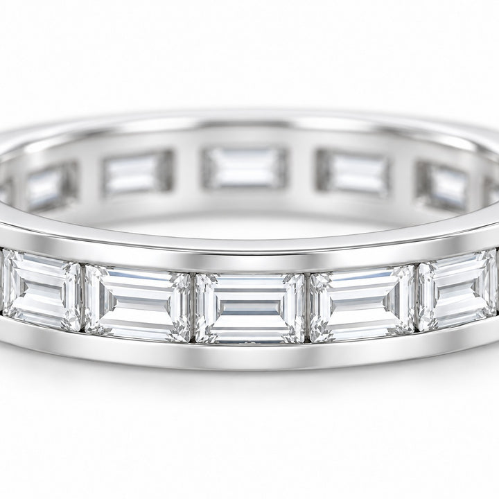 Baguette lab-grown diamond eternity band, 4x2mm, 14K white gold, close-up of the stones