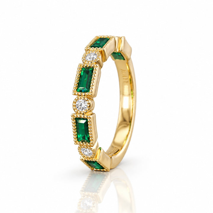 Baguette Colombian Emerald & Diamond Half Eternity Band in 14K yellow gold, angle view
