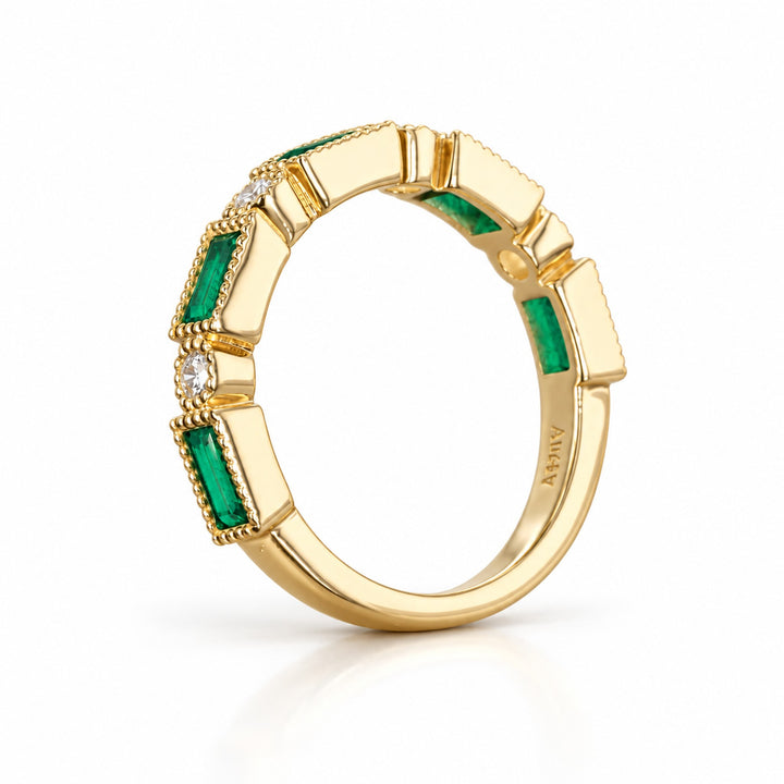 Baguette Colombian Emerald & Diamond Half Eternity Band in 14K yellow gold, profile