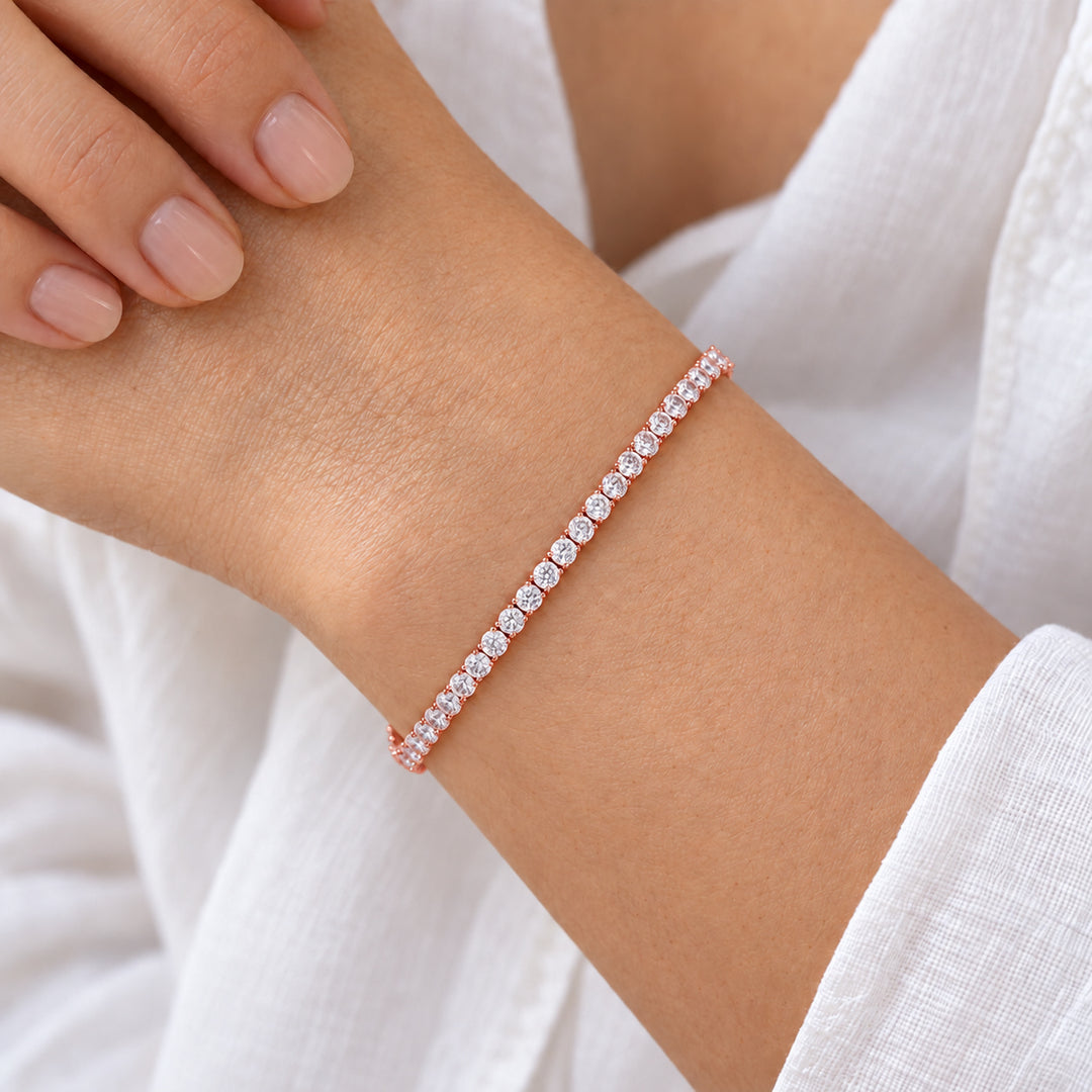 Classic Round Lab Diamond Tennis Bracelet in 14K rose gold, worn on the wrist