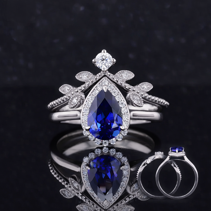The Celestine — Blue Sapphire Halo Ring with Stacking Band