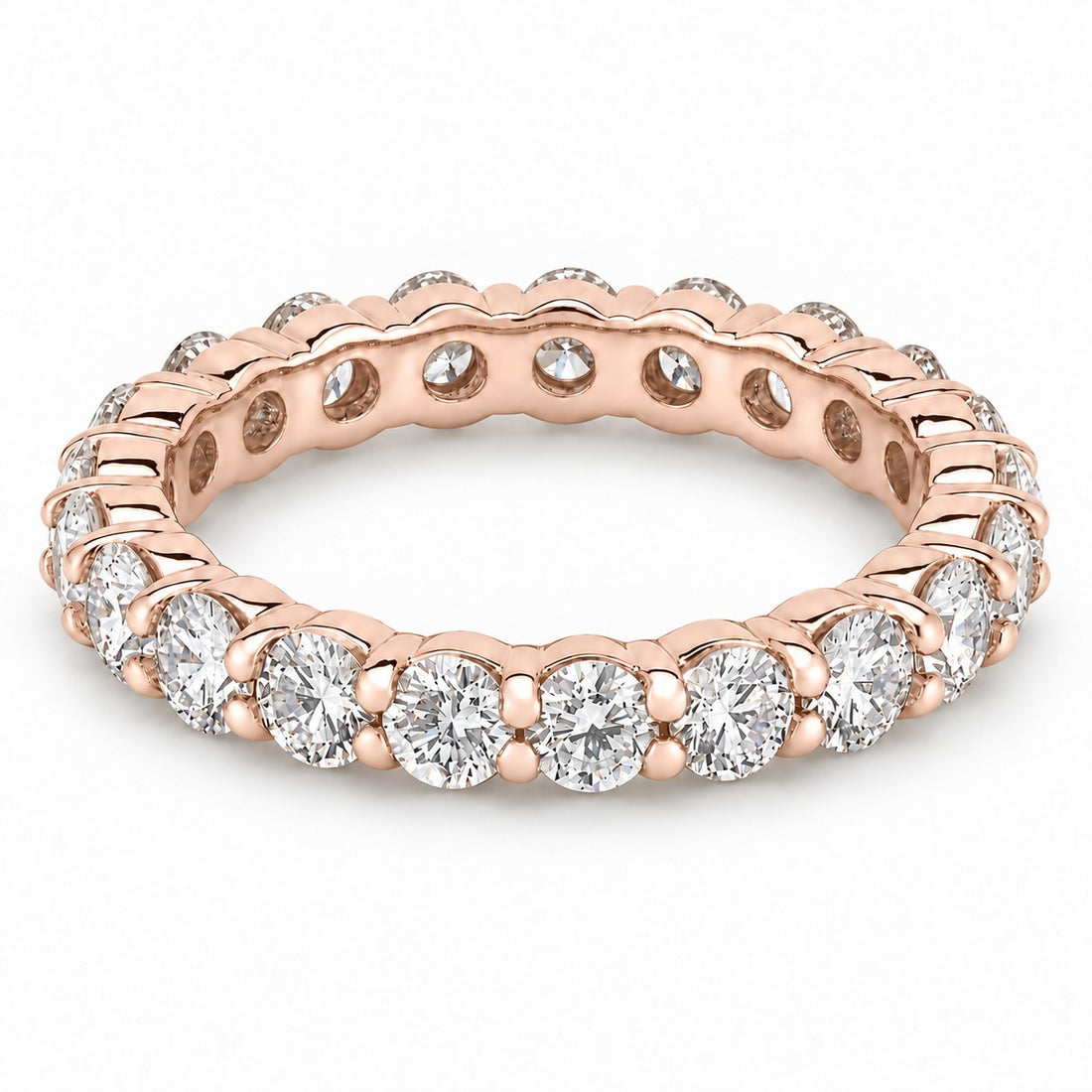 Classic round lab-grown diamond eternity band, 3.0mm, 14K rose gold, angled view