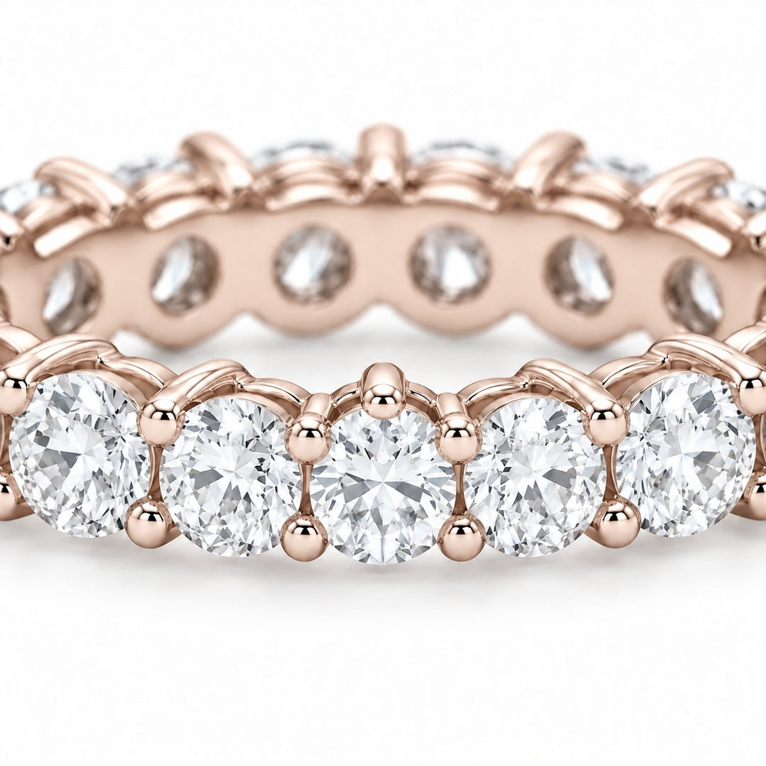 Classic round lab-grown diamond eternity band, 3.0mm, 14K rose gold, close-up of the stones