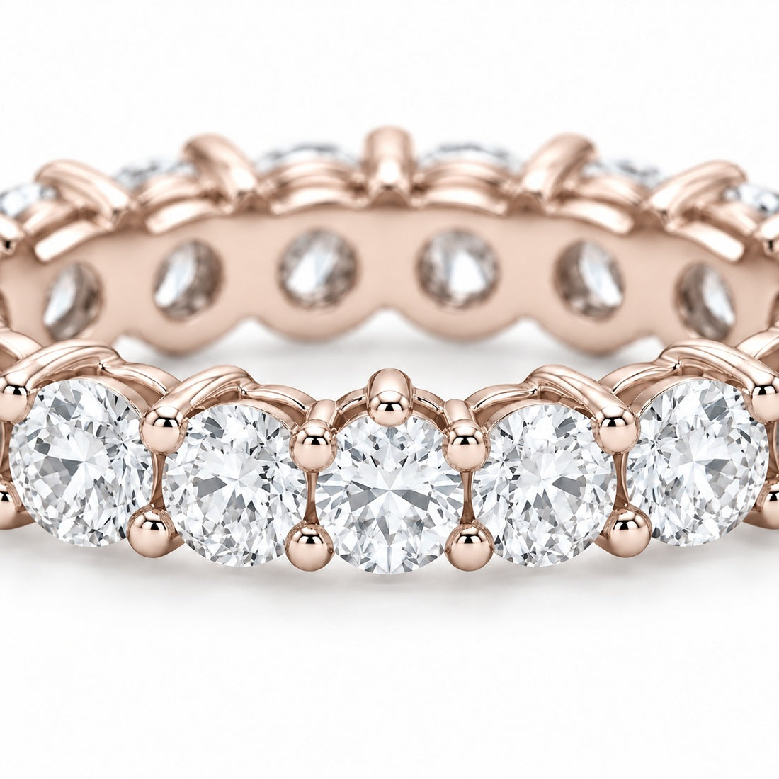 Classic round lab-grown diamond eternity band, 3.0mm, 14K rose gold, close-up of the stones