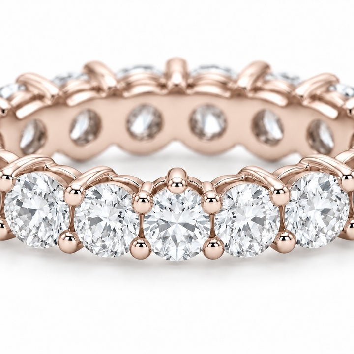 Classic round lab-grown diamond eternity band, 3.0mm, 14K rose gold, close-up of the stones