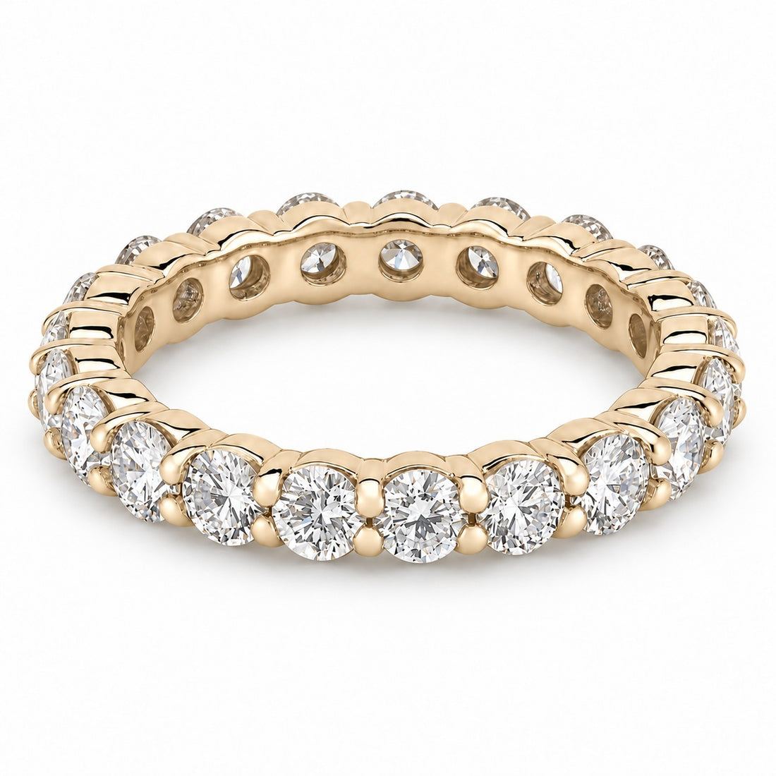 Classic round lab-grown diamond eternity band, 3.0mm, 14K yellow gold, angled view